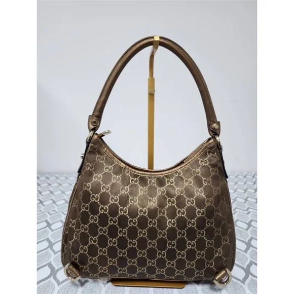 Authentic GUCCI GG Fabric Abbey Medium D-Ring Hobo Bag Gold Golden Brown - Picture 4 of 14